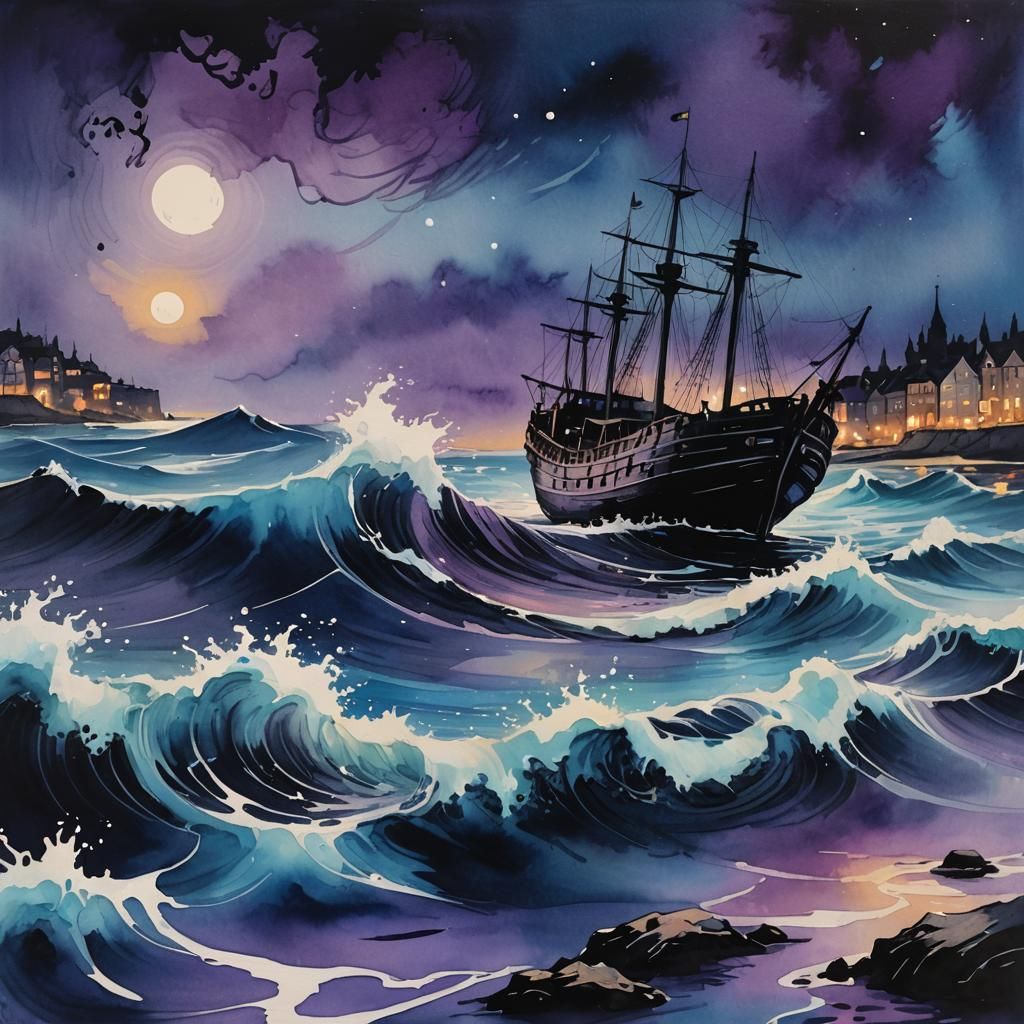 Entangled Shipwreck with Noctilucent Wave: Ink Painting