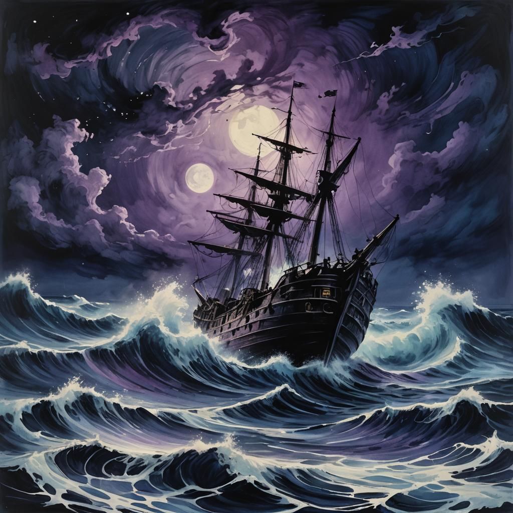 Shipwreck Engulfed by Nocturnal Waves in Ink