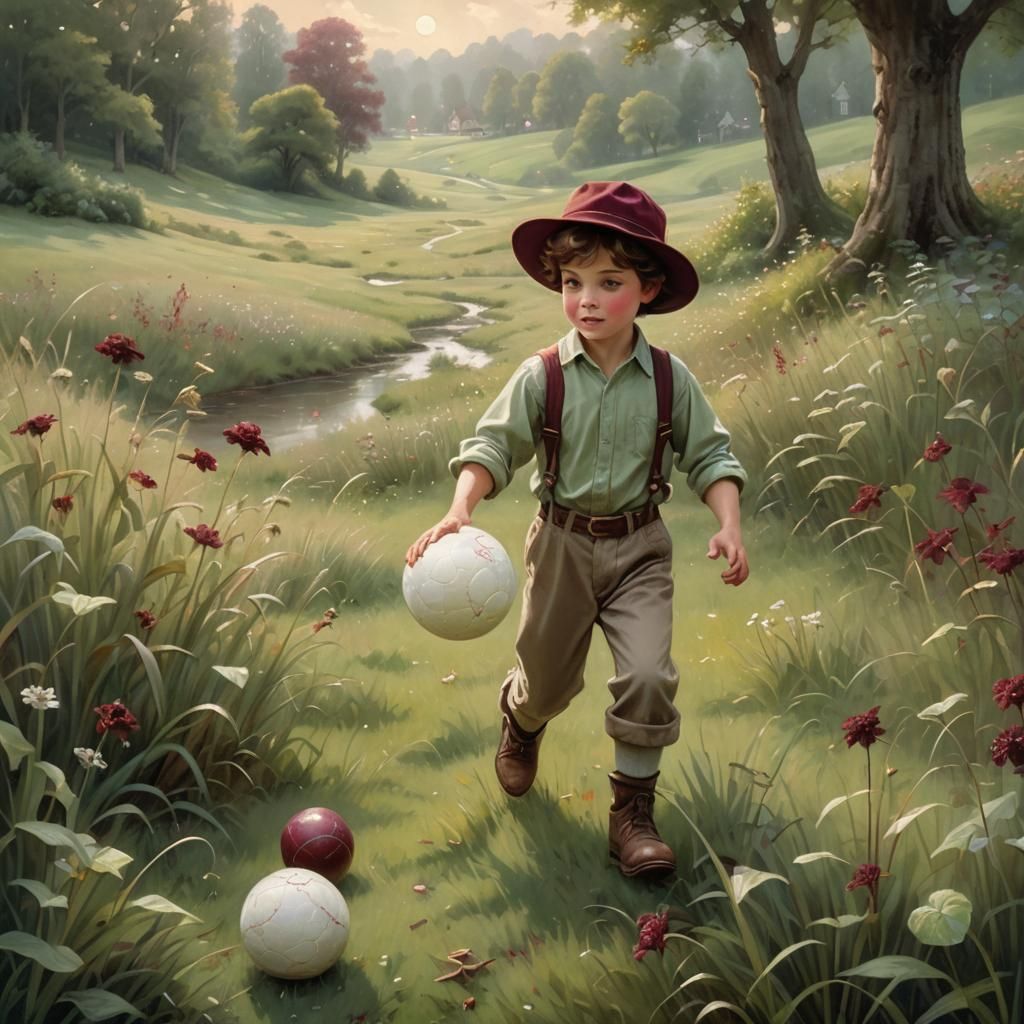 Whimsical Boy in Meadow Illustration