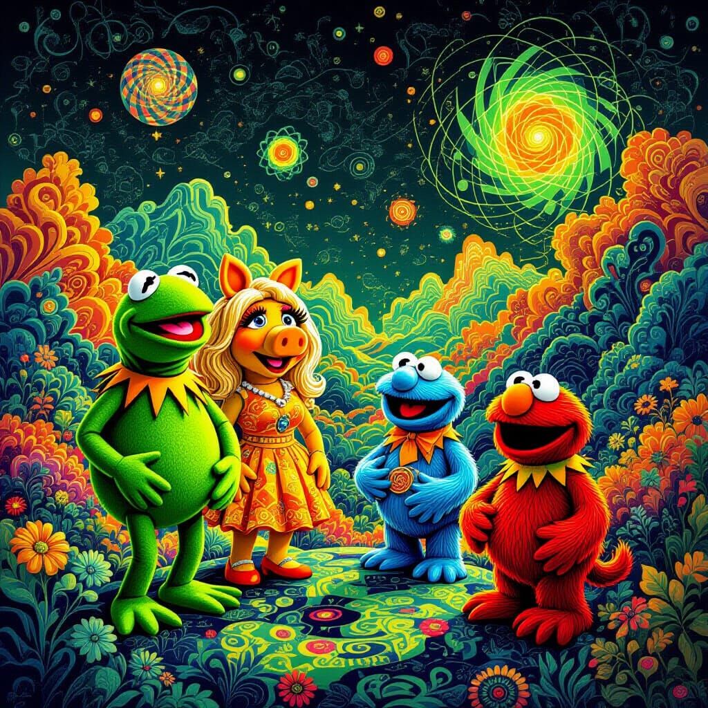 Muppets and Sesame Street Friends in Neon Fractal
