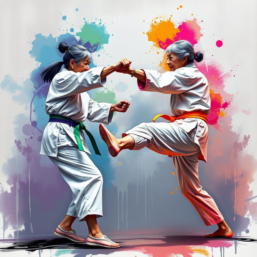 Two Asian Women Karate Fighters in Graffiti Art Style