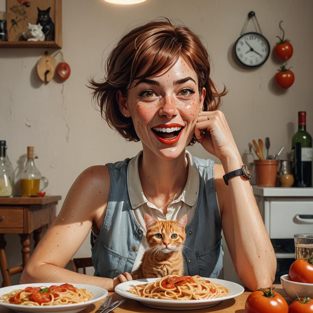 Humorous Caricature of a Young Woman with Spaghetti Cat