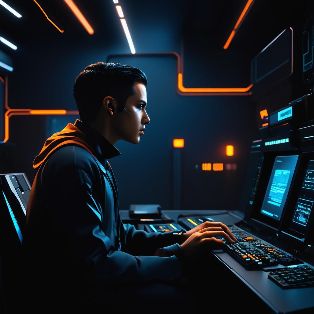 Hyperrealistic Cyberpunk Programmer in a Dystopian Control R...