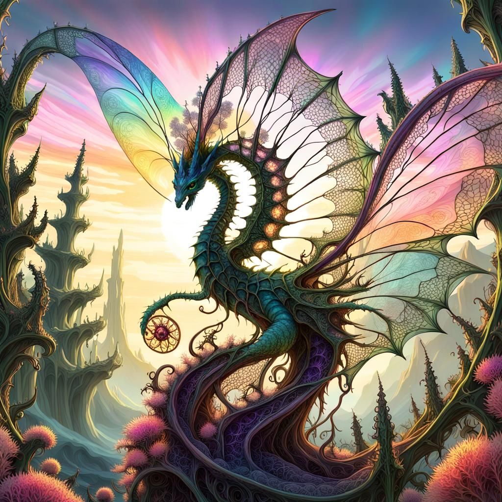 Ethereal Dragon Nymph with Baby in a Fractal Landscape