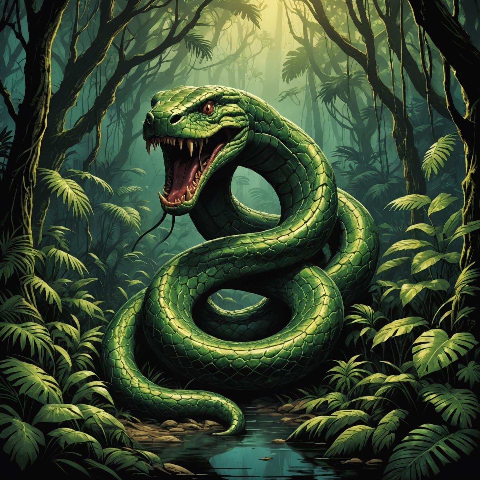 Giant Snake in Jungle: Comic Book Art