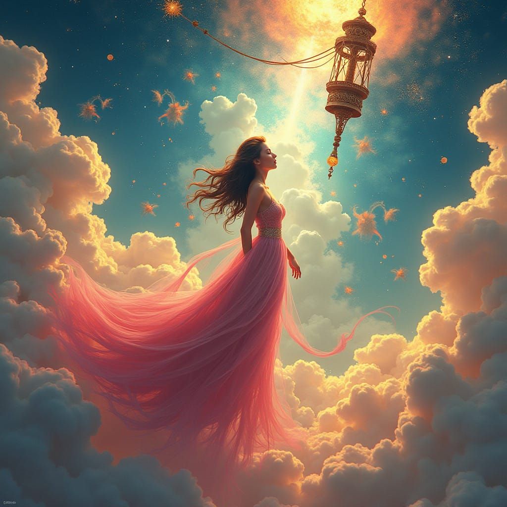 Dreamlike Cosmic Goddess in Vibrant Mixed Media Style