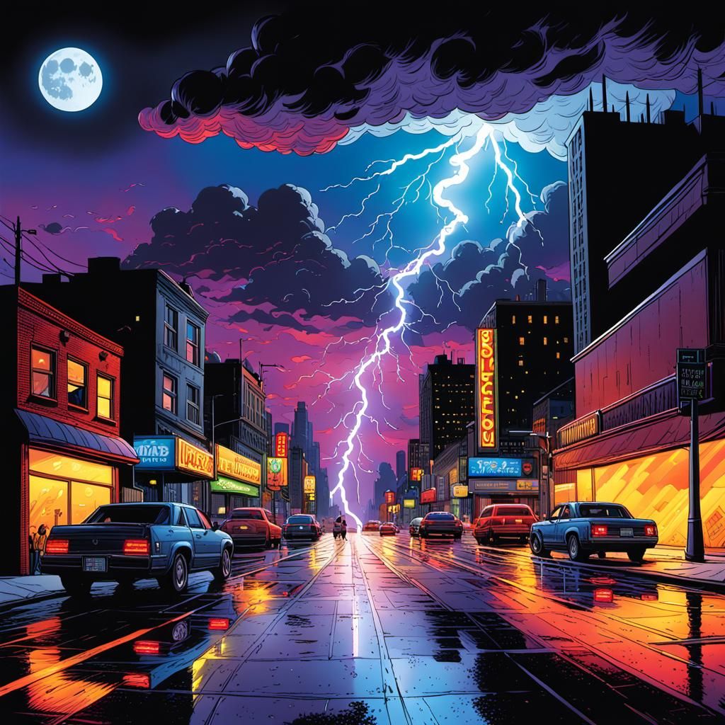 Neon Lightning Over Cityscape in Comic Book Style