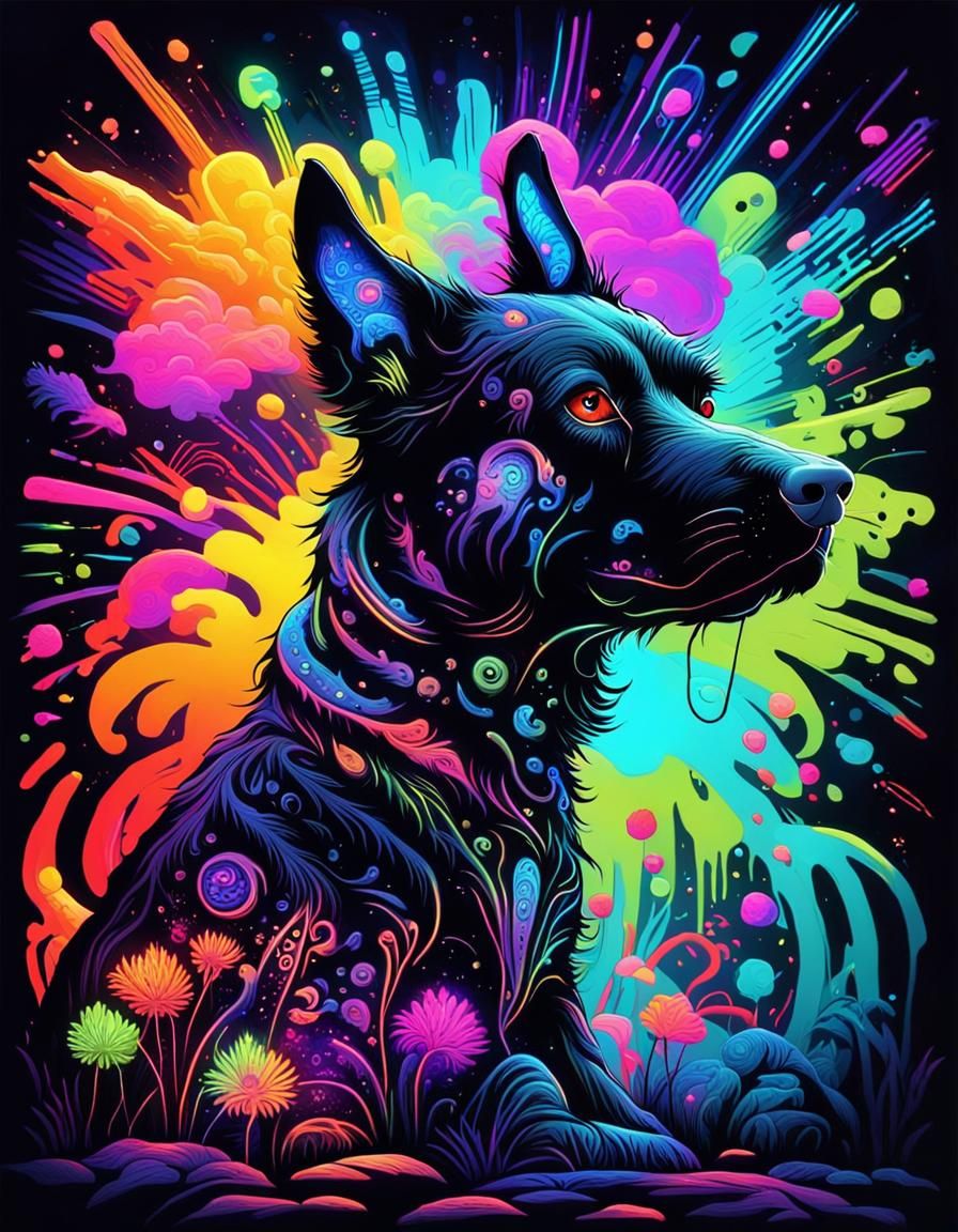 Neon Dog Silhouette in Psychedelic Fine Line Art