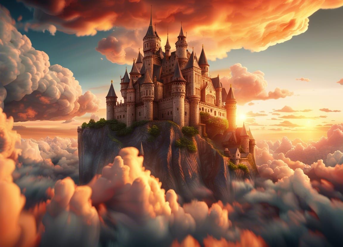 Majestic Cloud Castle at Sunset: 8K Masterpiece