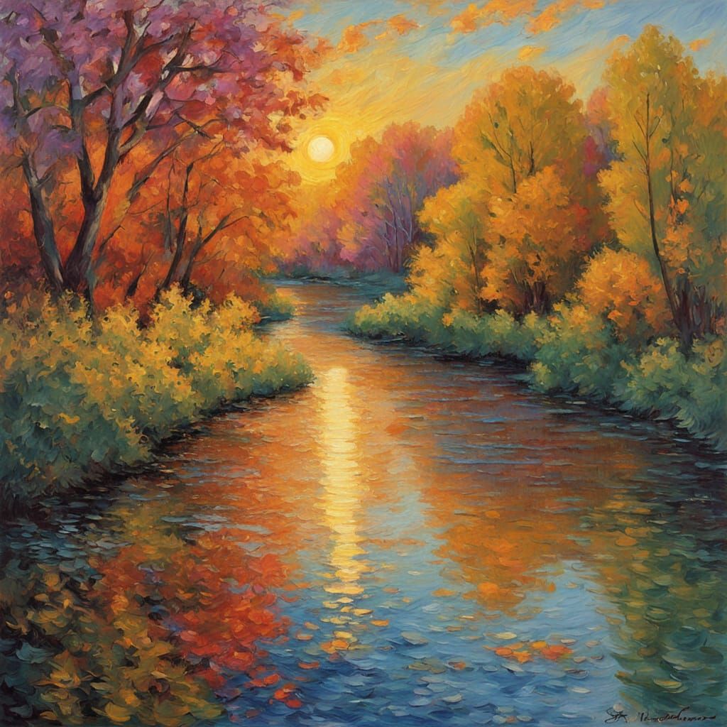 Neo-Impressionist River Landscape in Golden Hour Light