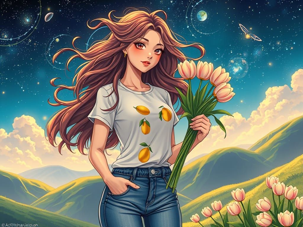 Ethereal Spring Goddess Amidst Cosmic Whimsy