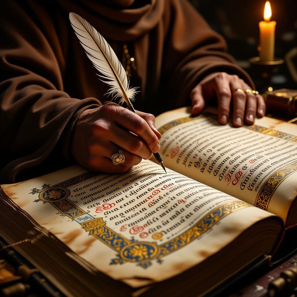 Medieval Monk Writing Calligraphy in Candlelight