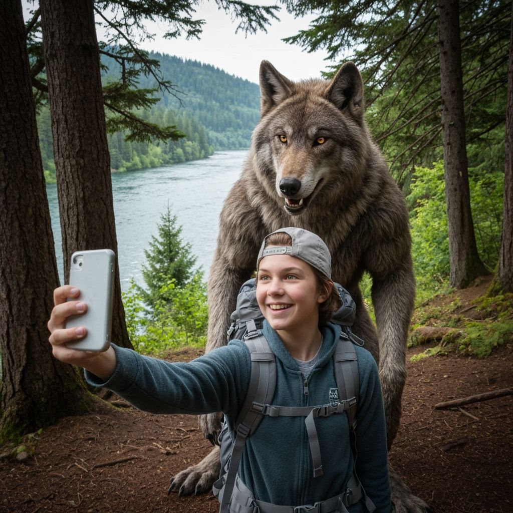 A werewolf photobombing a young hiker taking a selfie in the...