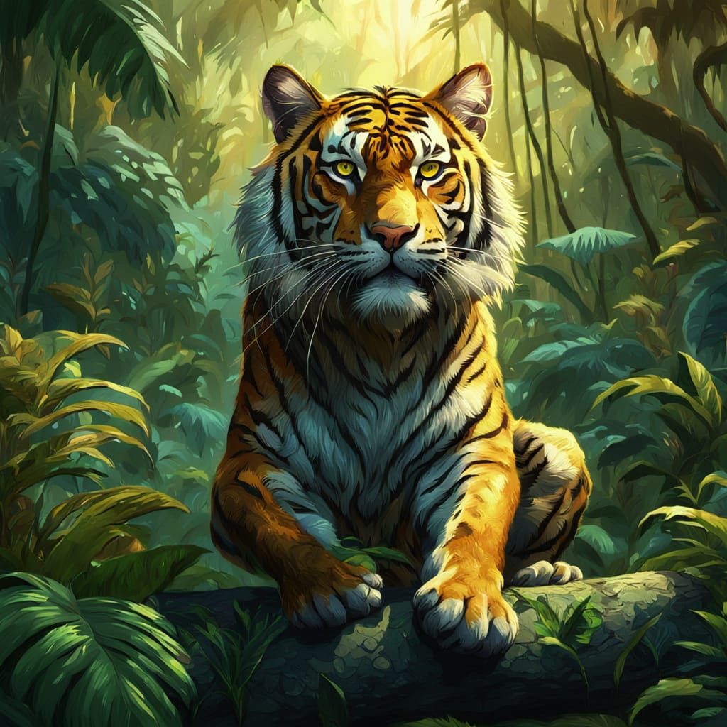 Epic Feline Master Rides Majestic Tiger in Lush Jungle