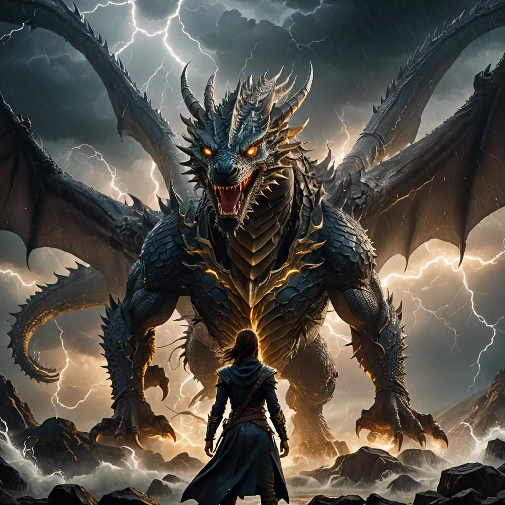 Adventurer Confronts Majestic Storm Dragon in Digital Painti...