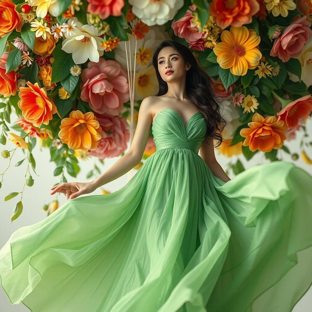 Woman in Floral Balloon, Dreamy Digital Art