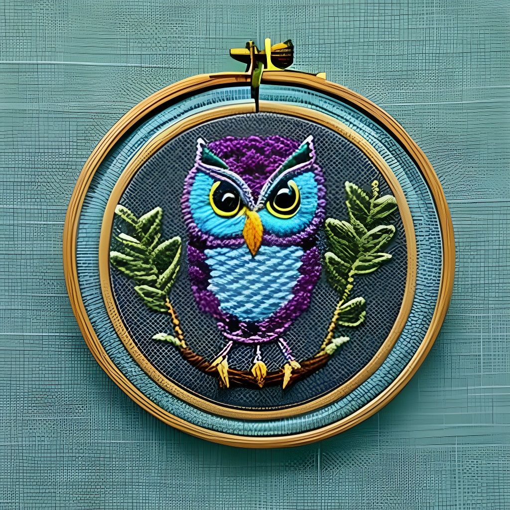 Embroidered Owl on a Branch Illustration