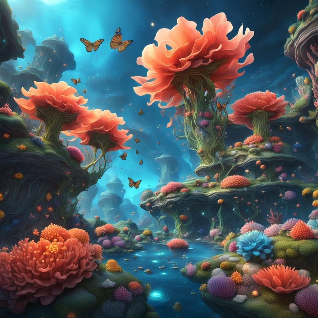 Surreal Floating Islands with Giant Flowers