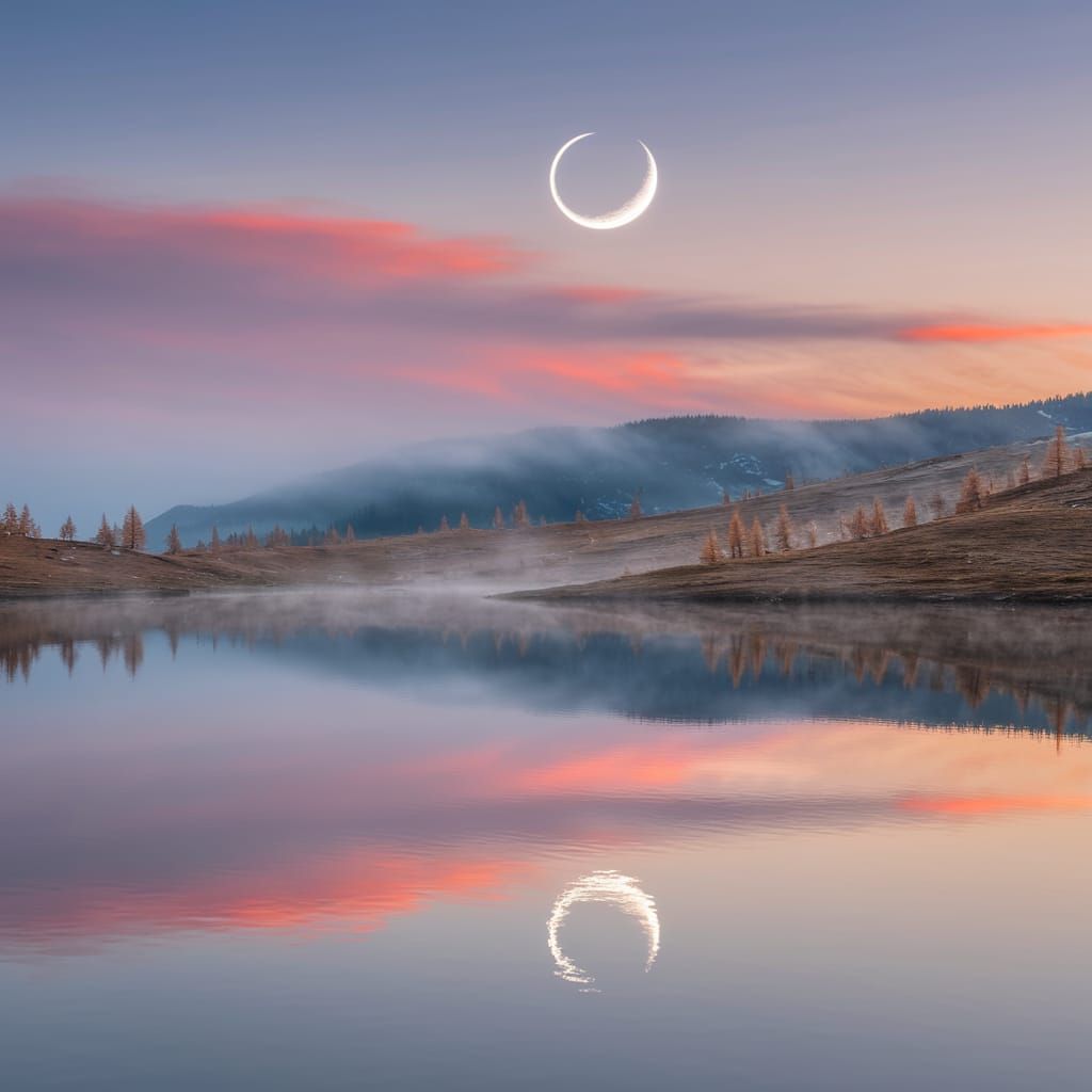 Serene Mountain Lake at Moonlit Twilight in a Dreamy Waterco...