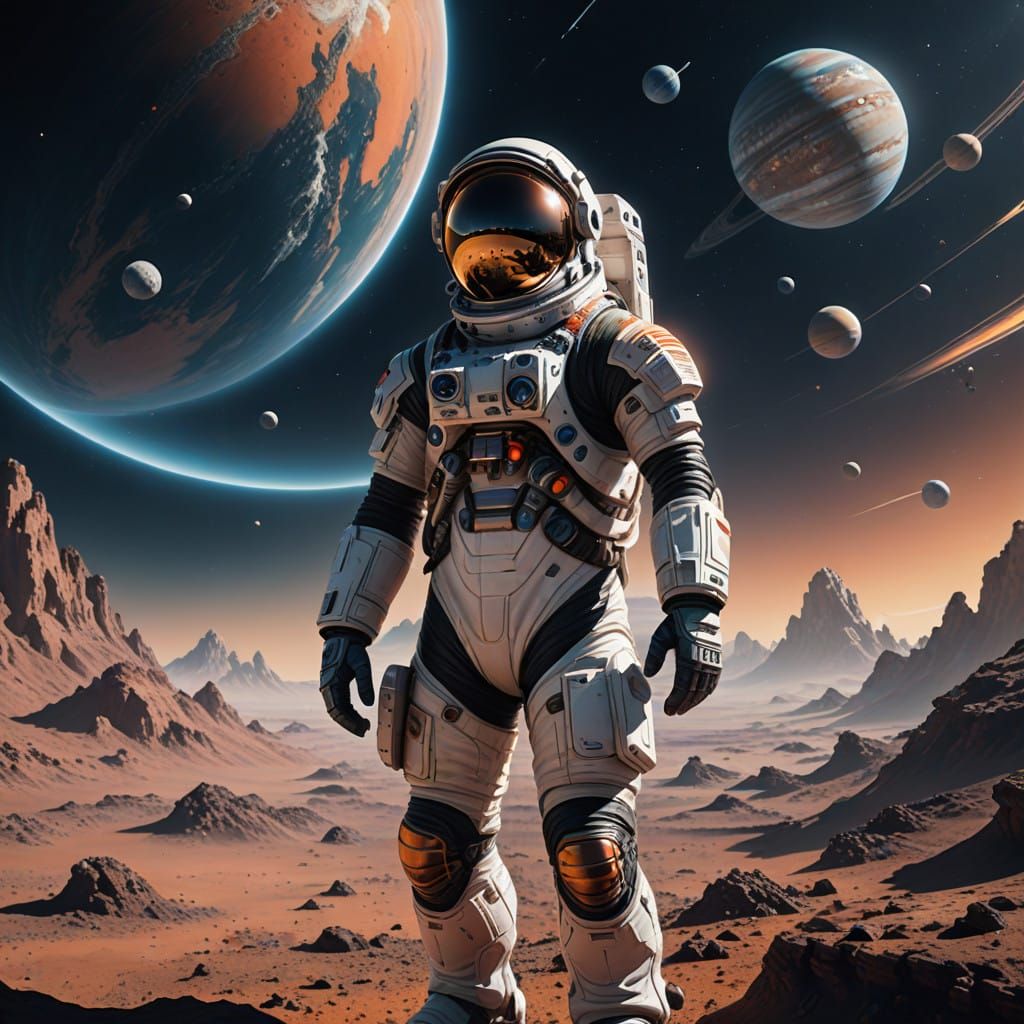 Futuristic Astronaut on a Distant Planet in Cyberpunk Art St...