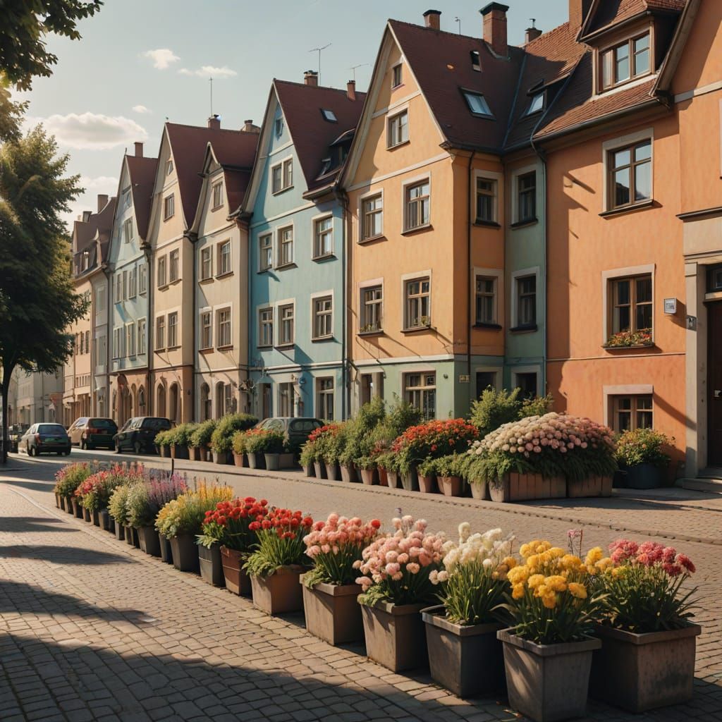 Vibrant German Street Scene with Colorful Houses in Soft Foc...