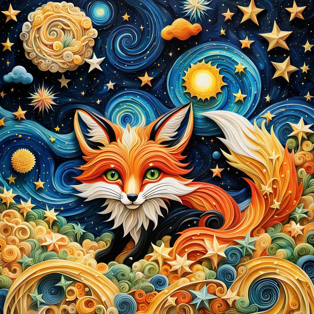 Fox in Starry Night: Retro Abstract Line Art