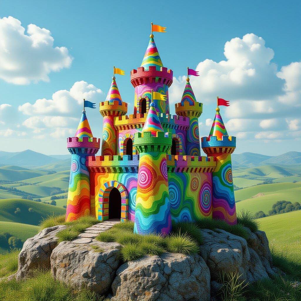 Colorful Crayon Fortress on Hill in Splash Art Style