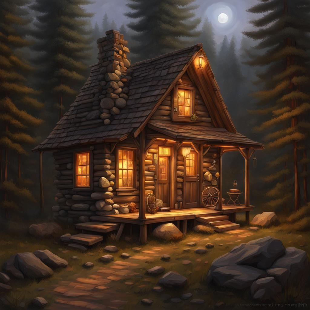 Twilight Cabin with Warm Glow, Hyper-Realistic Oil Painting