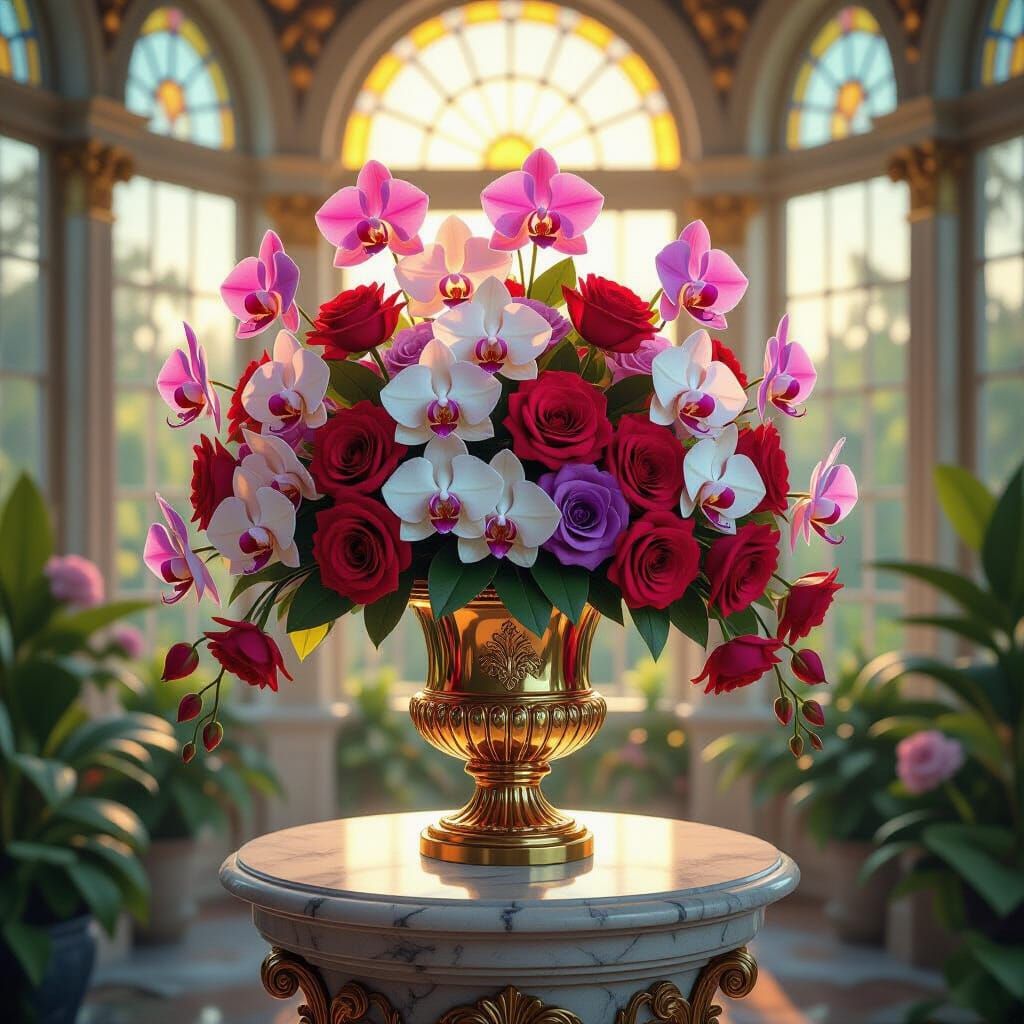 Orchids and Roses in Gilded Vase, Dutch Golden Age Style