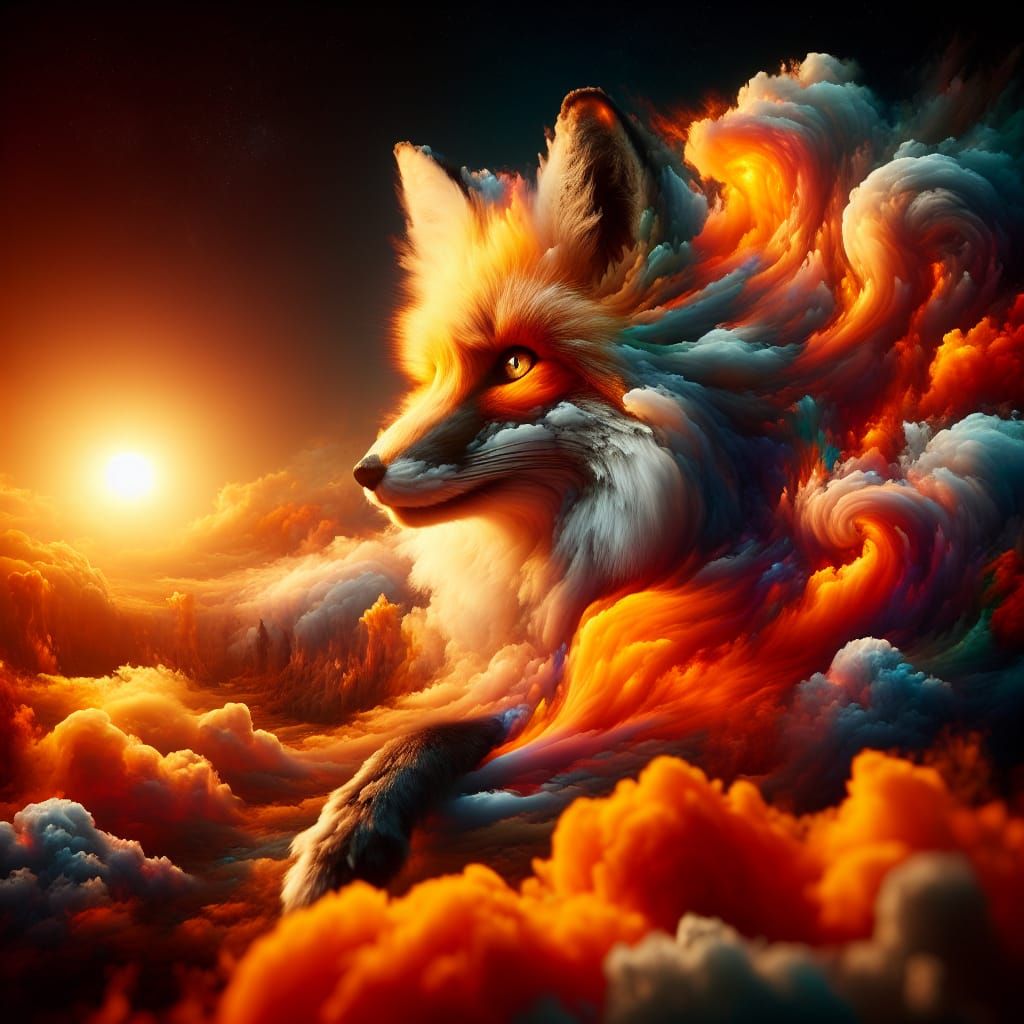 Flaming Cloud Fox Sunset: Hyperrealistic Concept Art