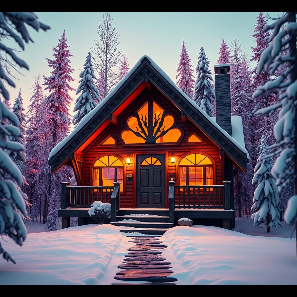 Snowy A-Frame Cabin in Hyperdetailed Art Nouveau Style