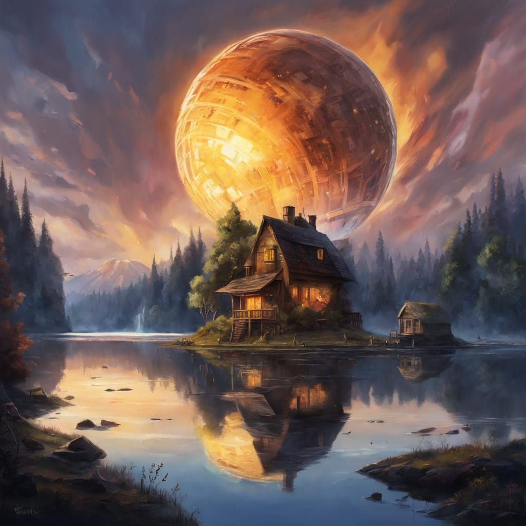 Surreal Tree Landscape with Spherical Spore Planet