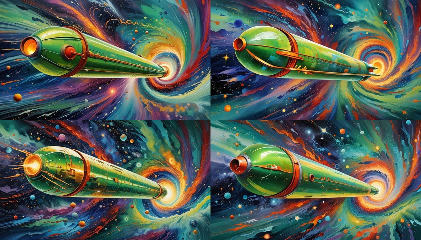 Sleek Iridescent Spaceship Zooms Through Cosmic Vortex