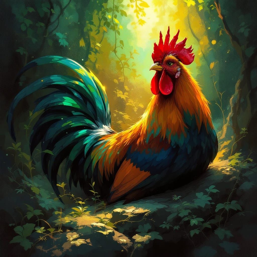 Ethereal Rooster in Sunlit Celtic Mythology Style