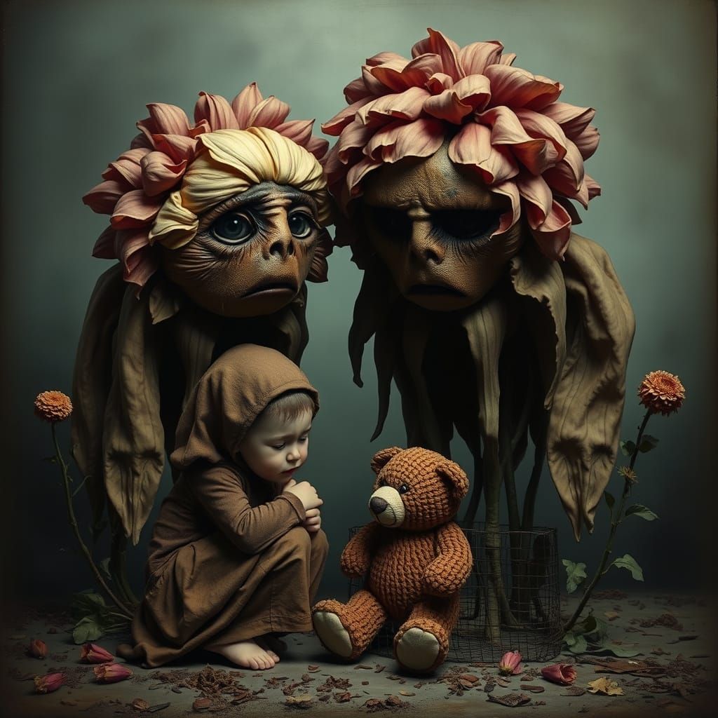 Surreal Flowers Comfort a Frightened Child in Beksinski Styl...