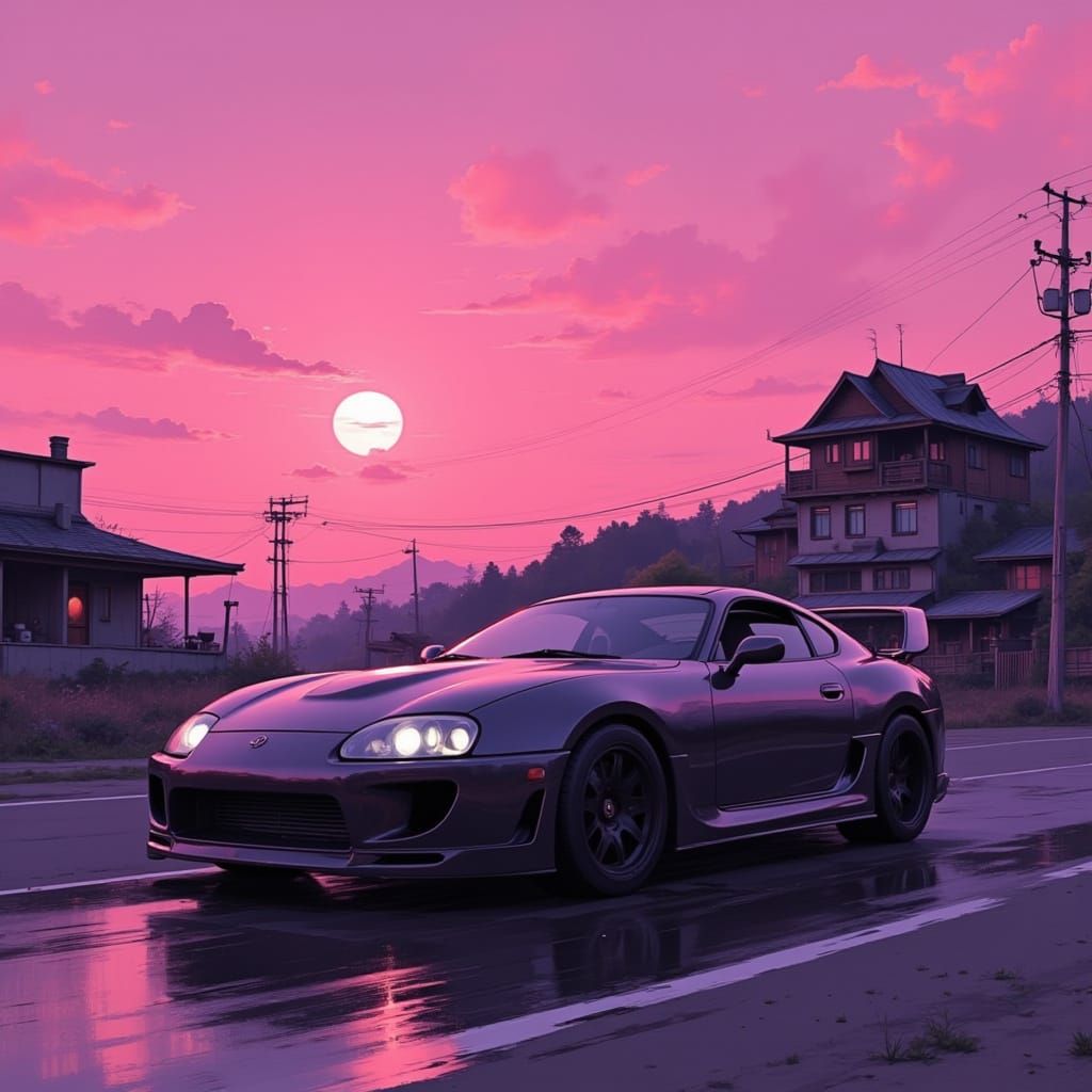 Toyota Supra MK4 Driving at Pinkish Purple Sunset