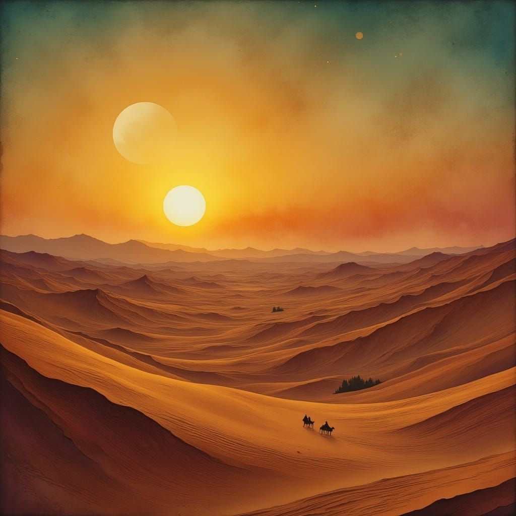 Tatooine's Windswept Desert Sunset in Storybook Style
