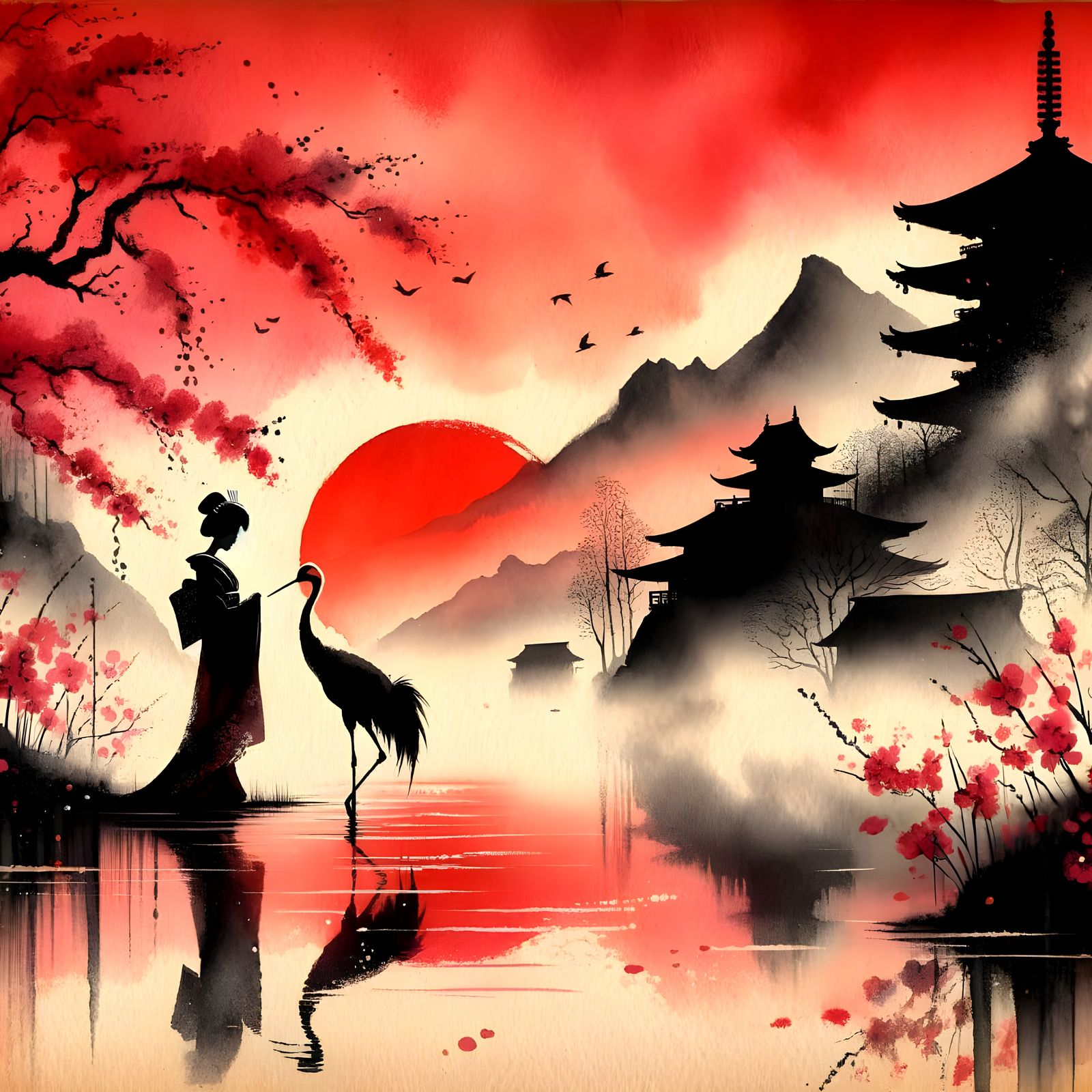 Japanese Sunrise: Watercolor Silhouette of Geisha and Crane
