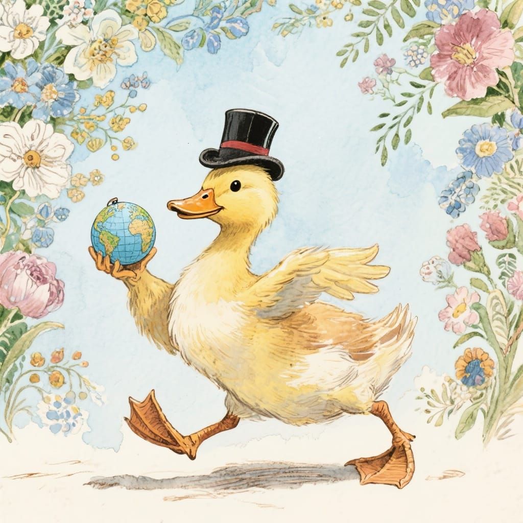 Humorous Duckling Rules the World, Watercolor Style