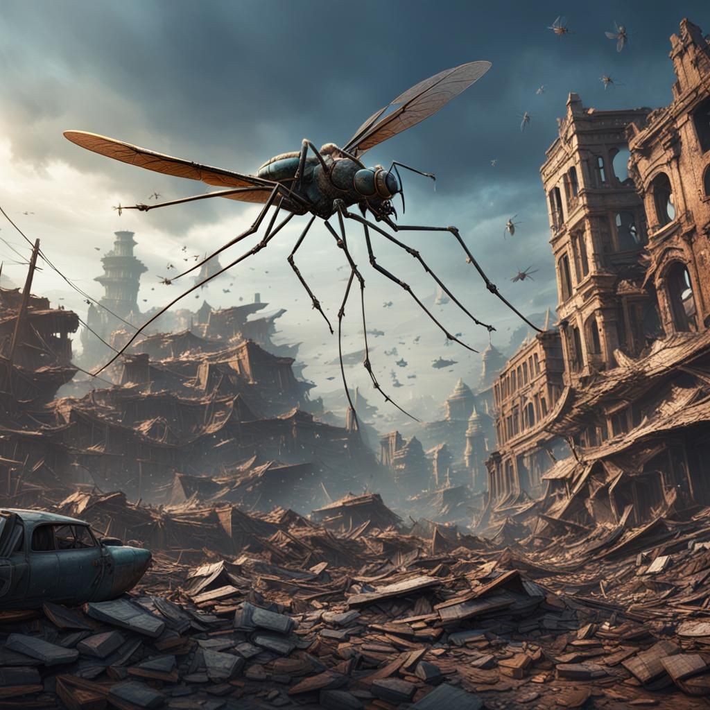 Mosquito Flies By Crashed City: Detailed Matte Painting