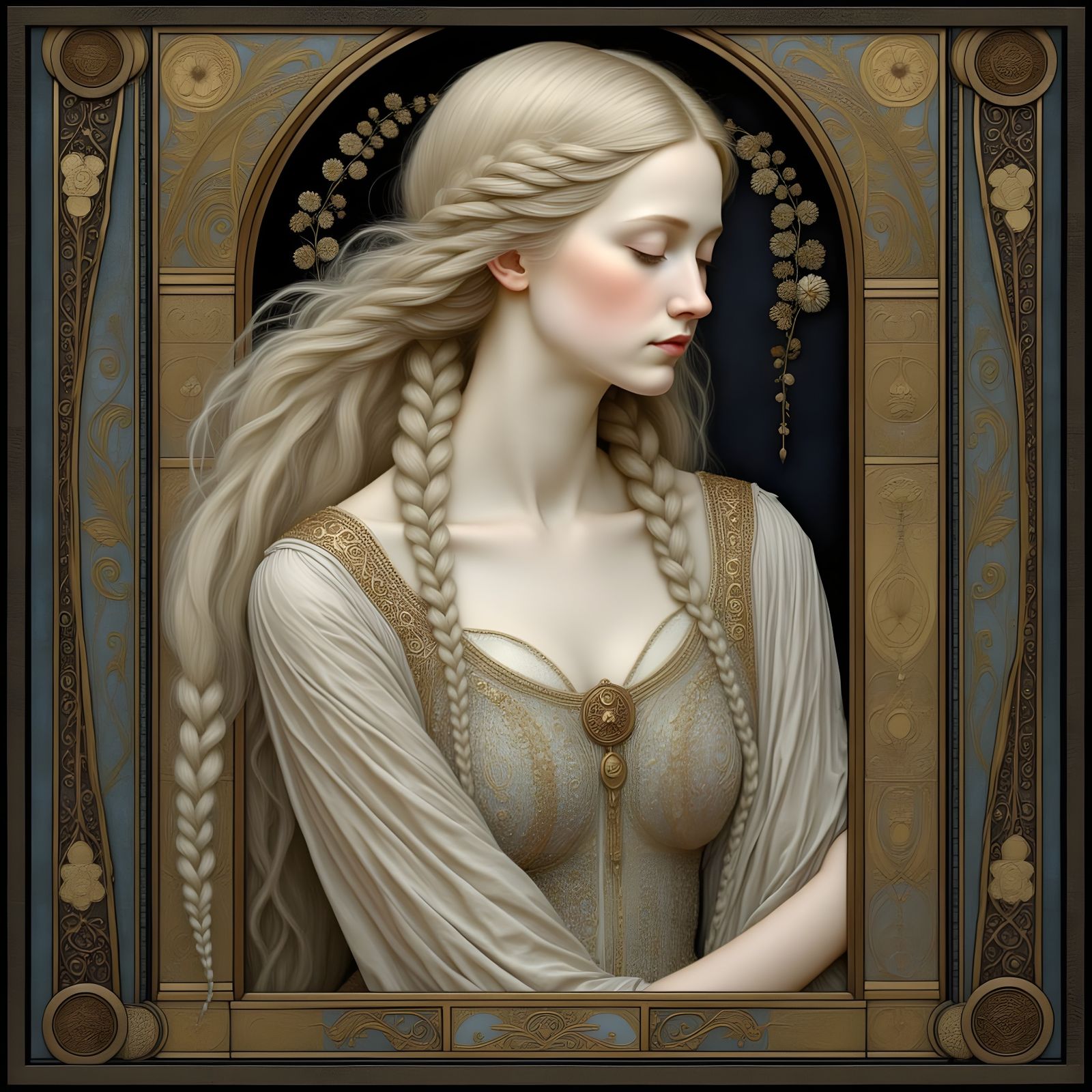 Fairytale Maiden with Long Hair in Folk Art Nouveau Style