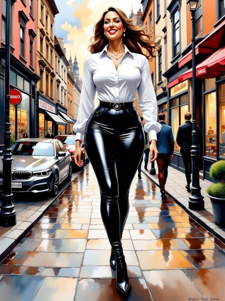 Enticing Woman Walking in Cozy City, Ink Painting