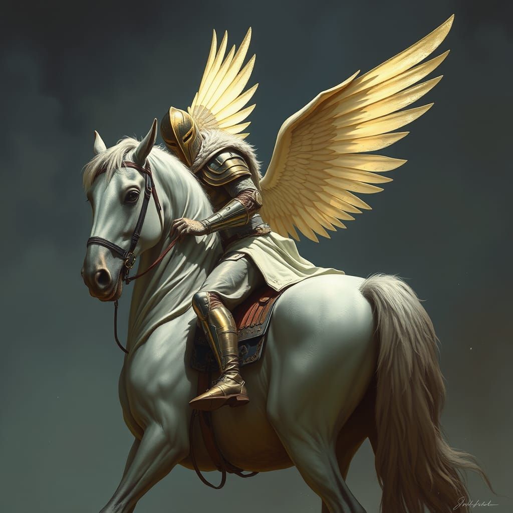 Angel in Golden Armor Rides White Stallion