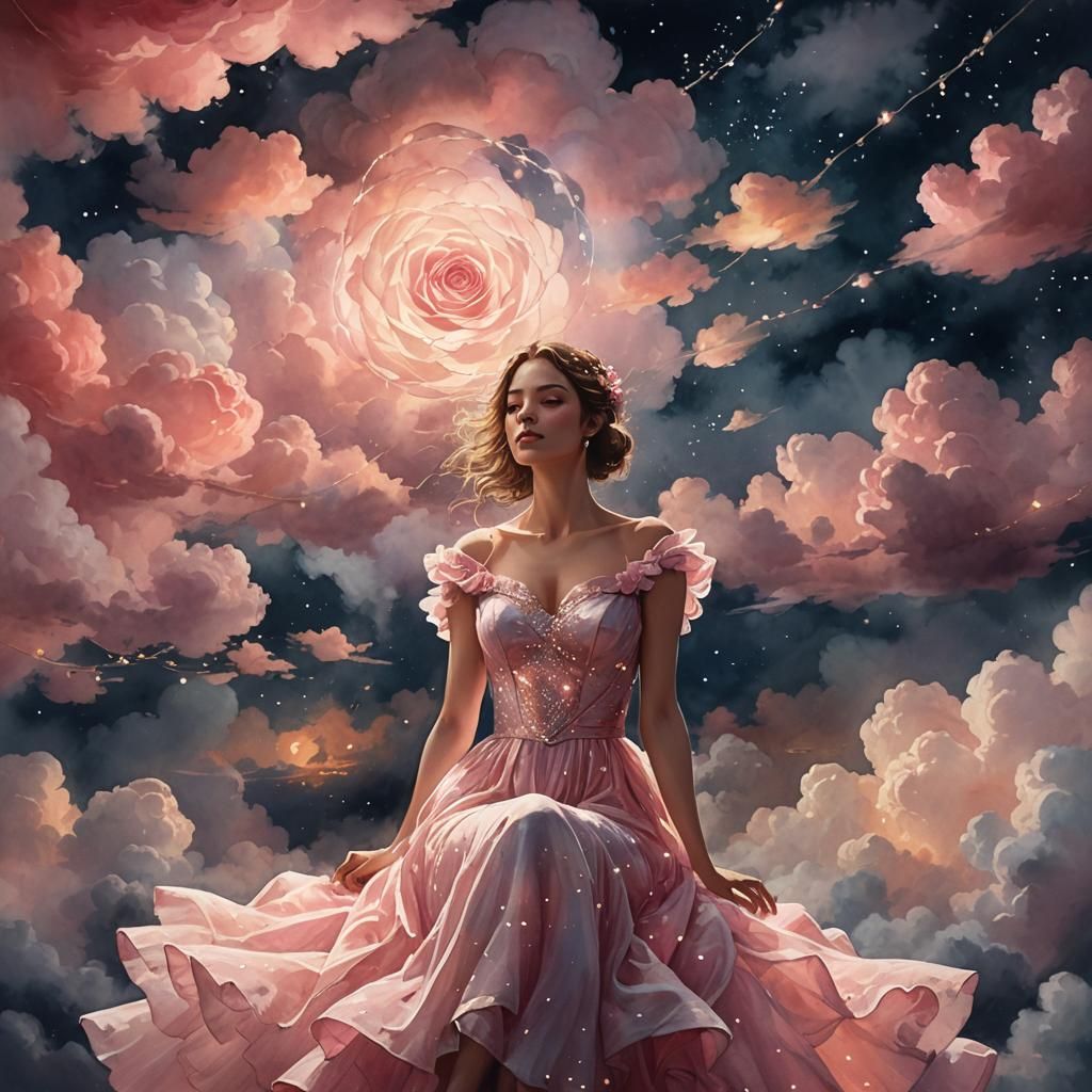 Girl on Cloud in Fairy Lights, Watercolor Art