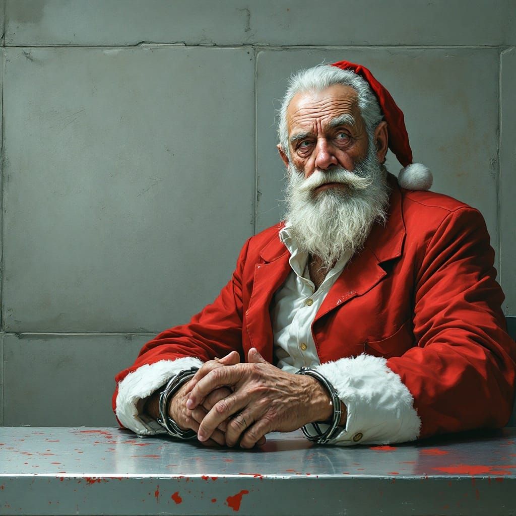 Santa got arrested, mug shot, clean oil ink airbrush illustr...