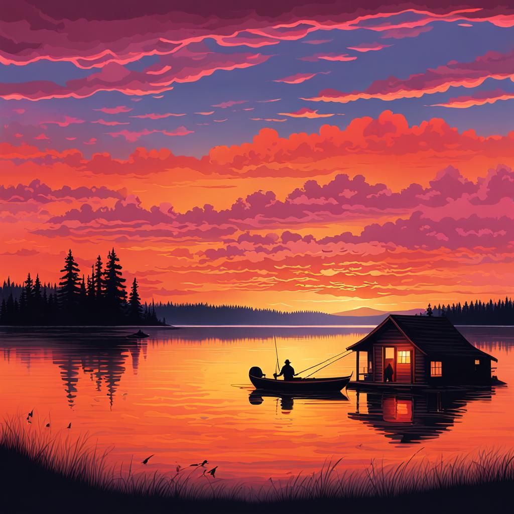 Cabin at Sunset: Neo-Impressionist Lakeside Scene