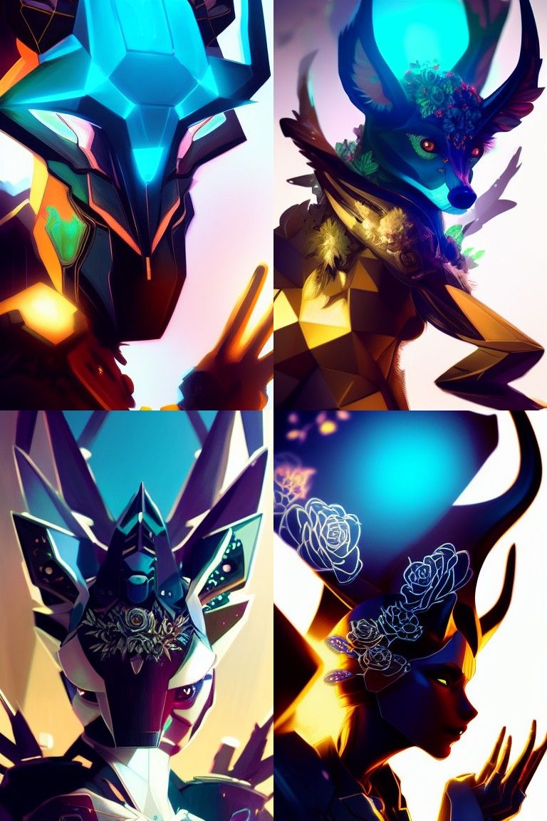 Robot Fox Portrait with Emerald Grid Leaf