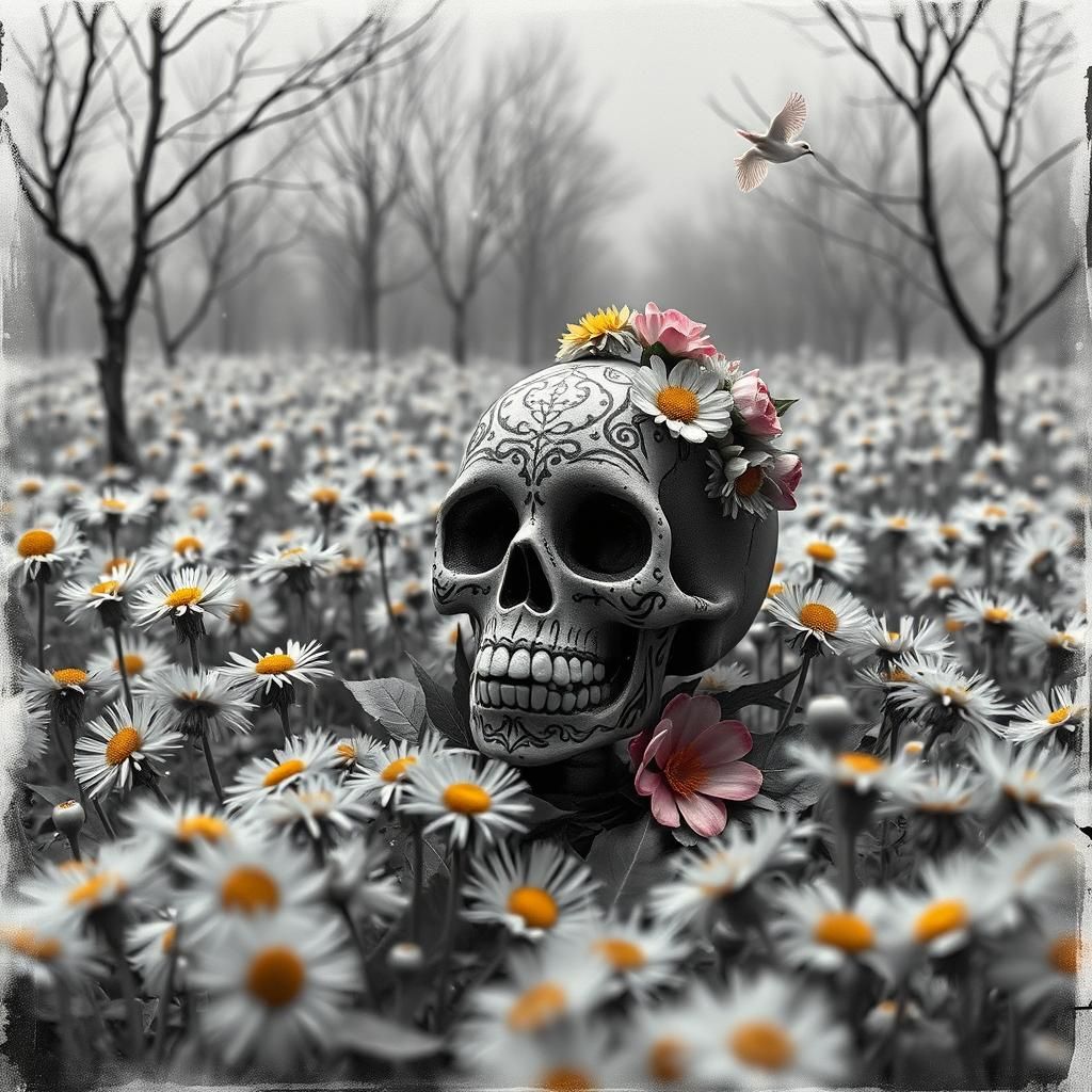 La Catrina Sugar Skull in Dreamlike Dandelion Field