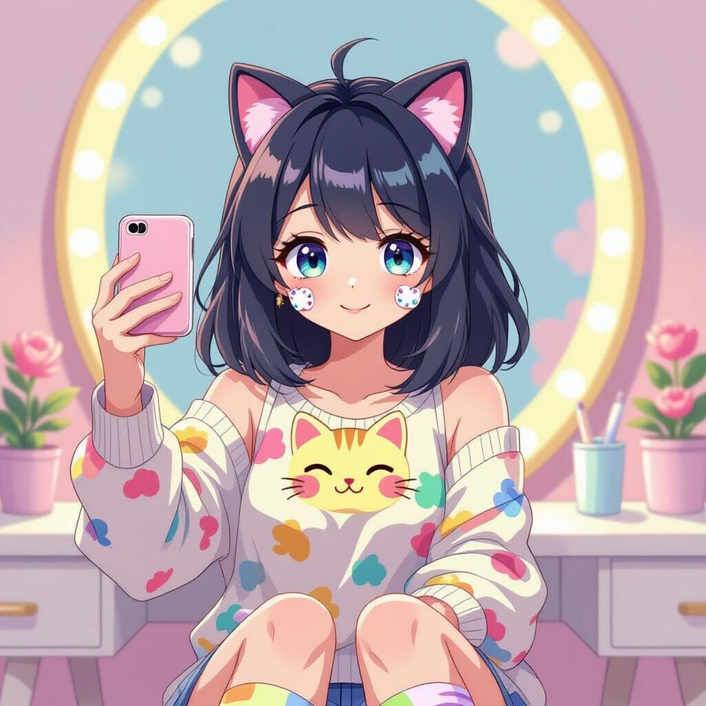 Anime Girl with Cat Bandaids Selfie