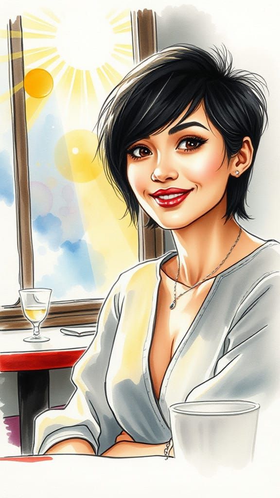 Elegant Woman in a French Bistro, Watercolour and Ink